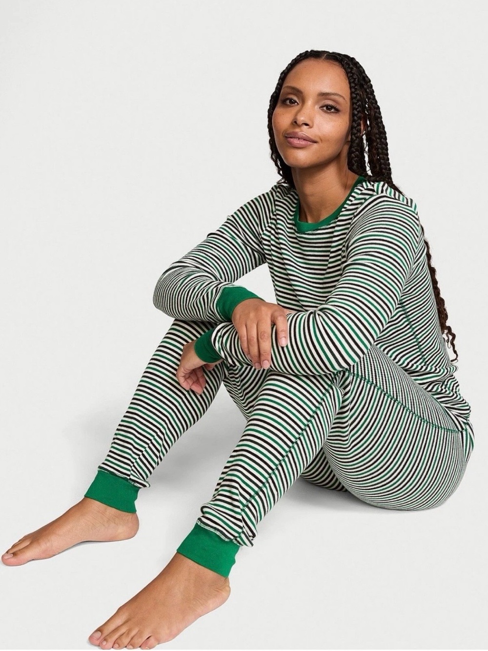 Victorias Secret Green & White Striped Long-Sleeve Pajama Set L Thermal Waffle